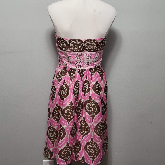 Anthro Plenty by Tracy Reese pink brown geo strapless silk blend dress size 6 - Picture 6 of 8